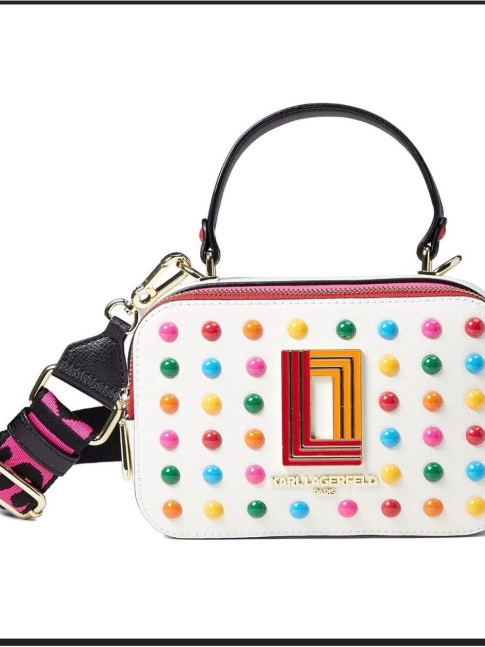 Karl Lagerfeld White Camera Bag with Multicolor Studs and Striped Strap